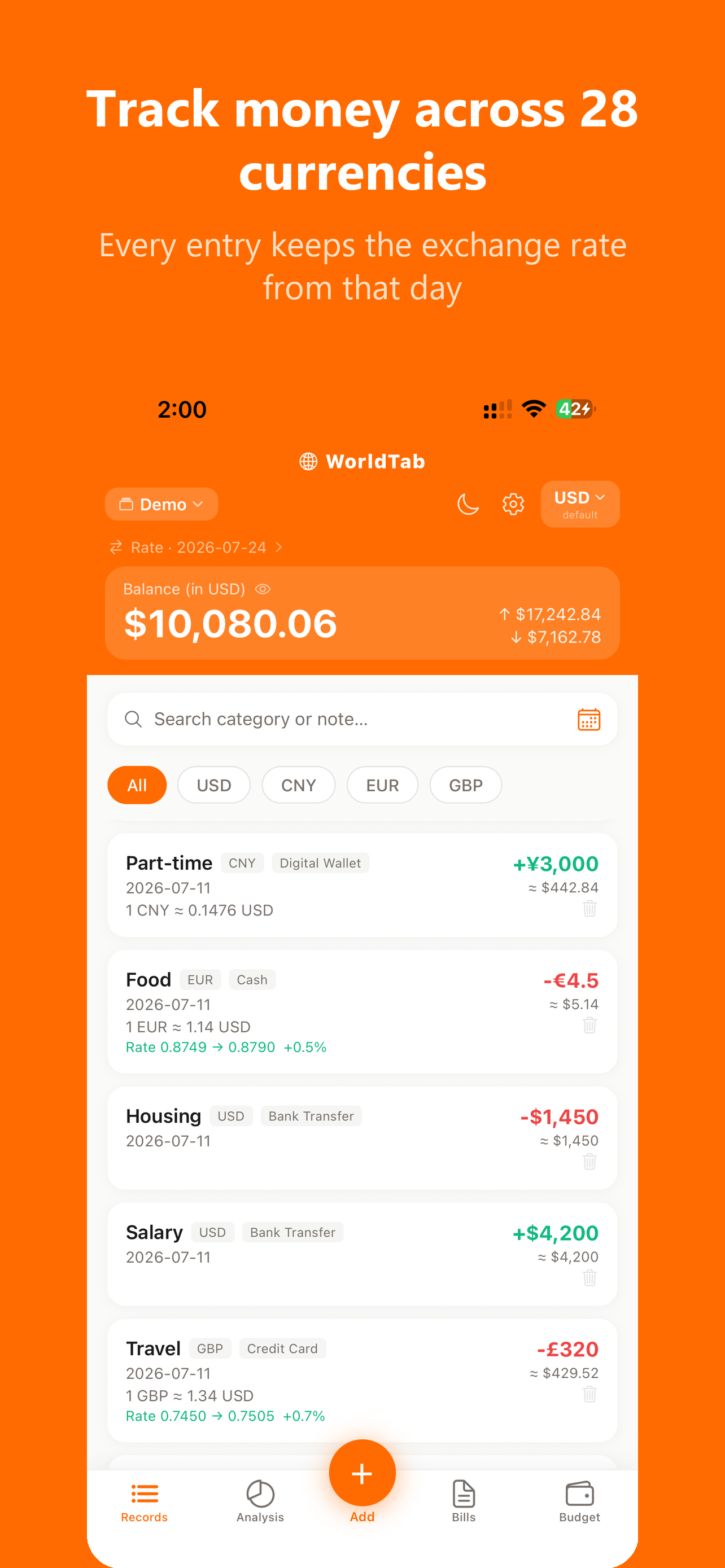 WorldTab home screen showing multi-currency balances