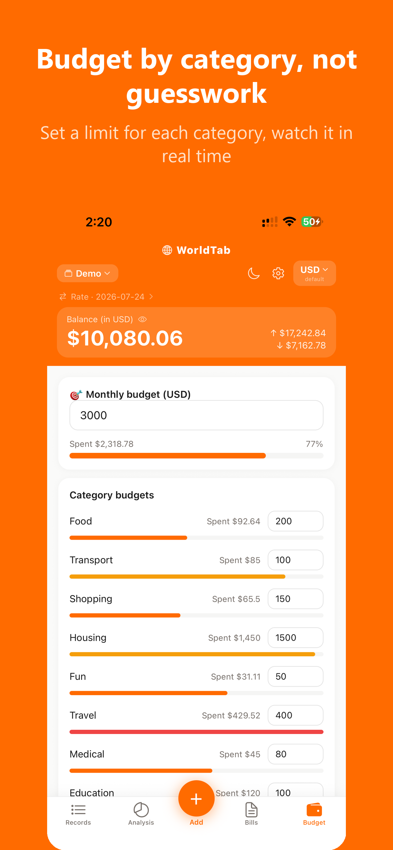 WorldTab category budgets screen