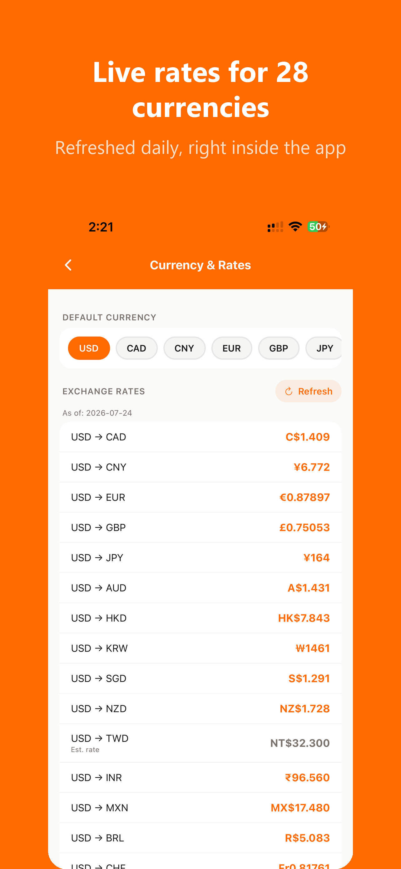 WorldTab currency and exchange rates screen