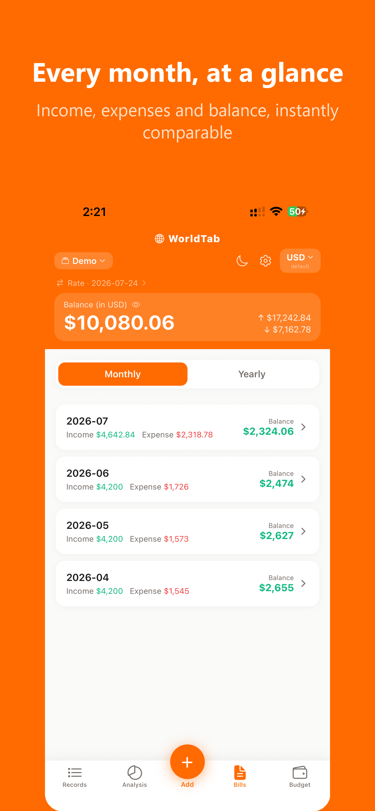 WorldTab monthly income, expense and balance overview